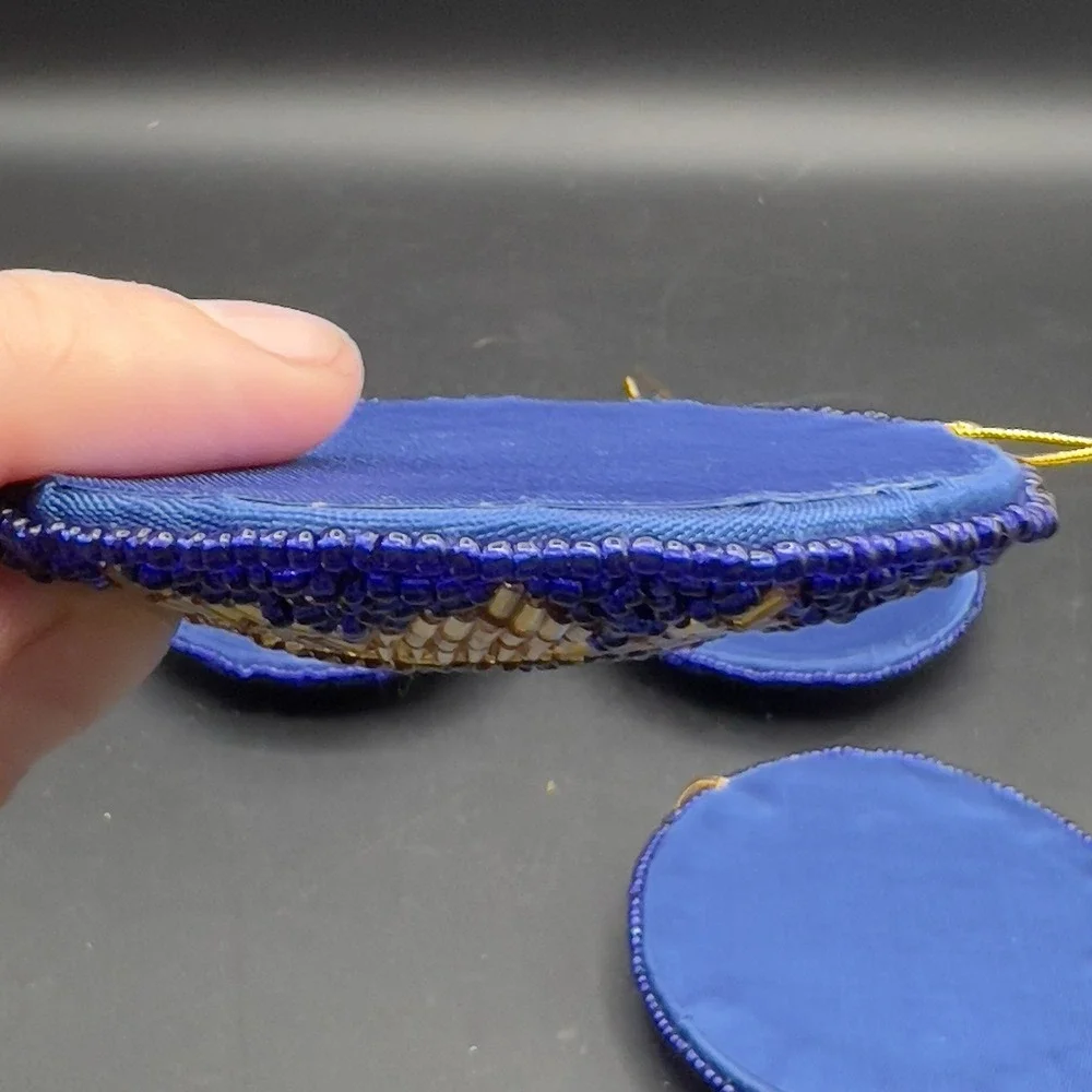 Sparkling Golden Sunflower Seed Bead Ornaments Blue Satin Fabric  3